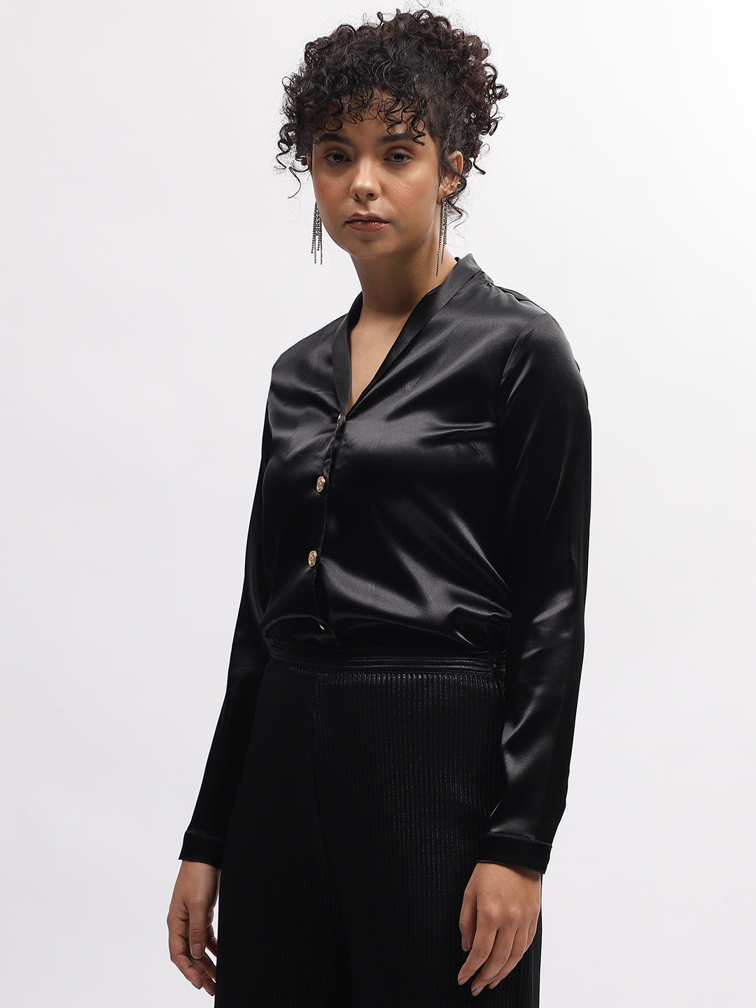 Centre Stage Women Black Solid Shawl Collar Full Sleeves Shirt