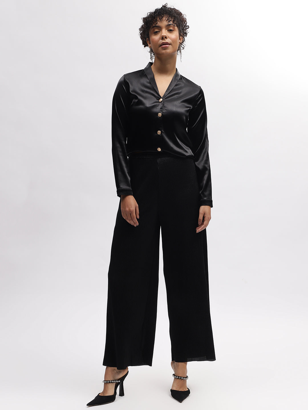 Centre Stage Women Black Solid Shawl Collar Full Sleeves Shirt