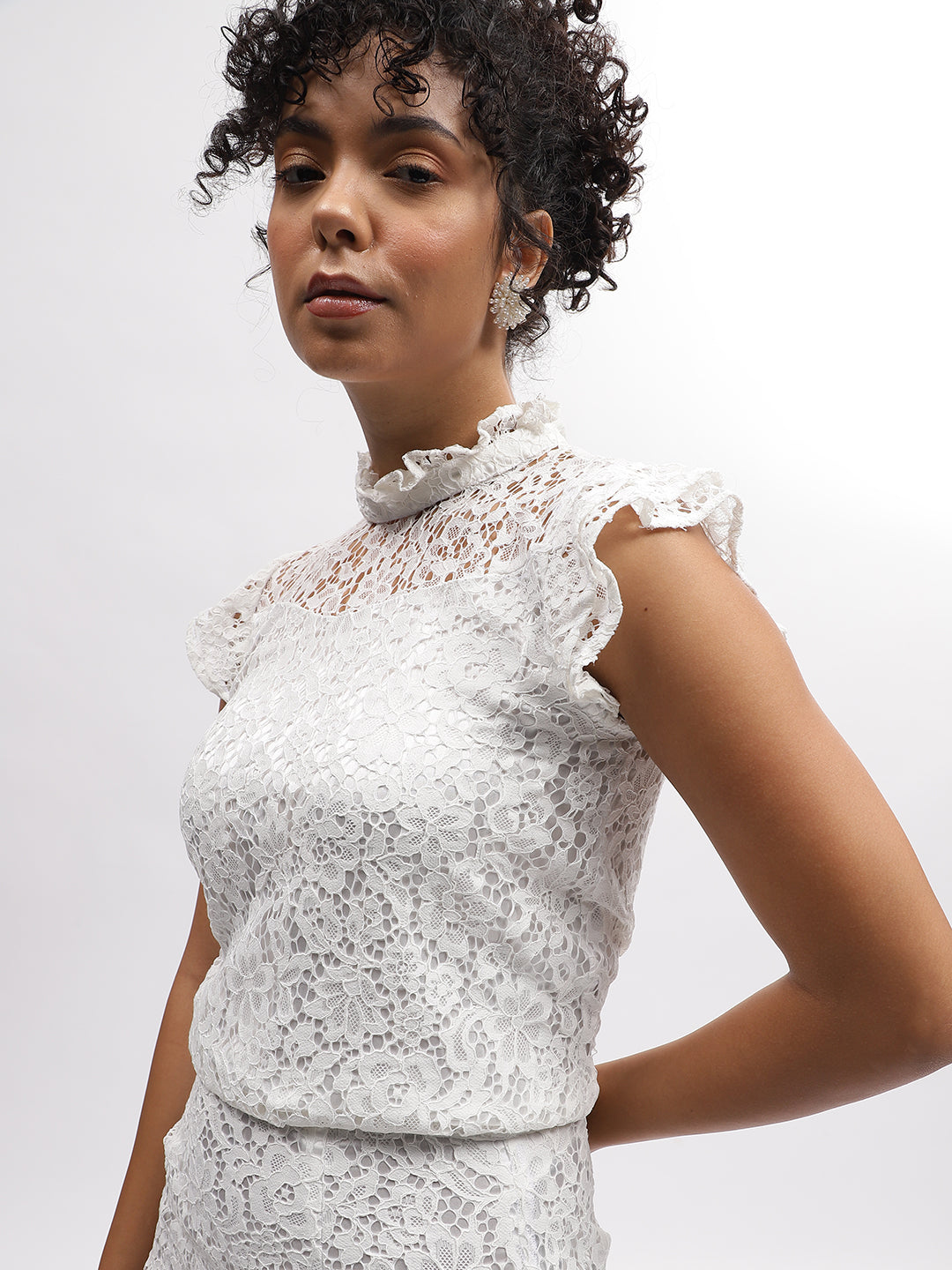 Centre Stage Women White Self-Design Ruffle Neck Short Sleeves Top