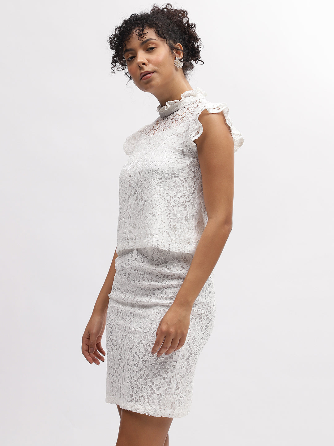 Centre Stage Women White Self-Design Ruffle Neck Short Sleeves Top