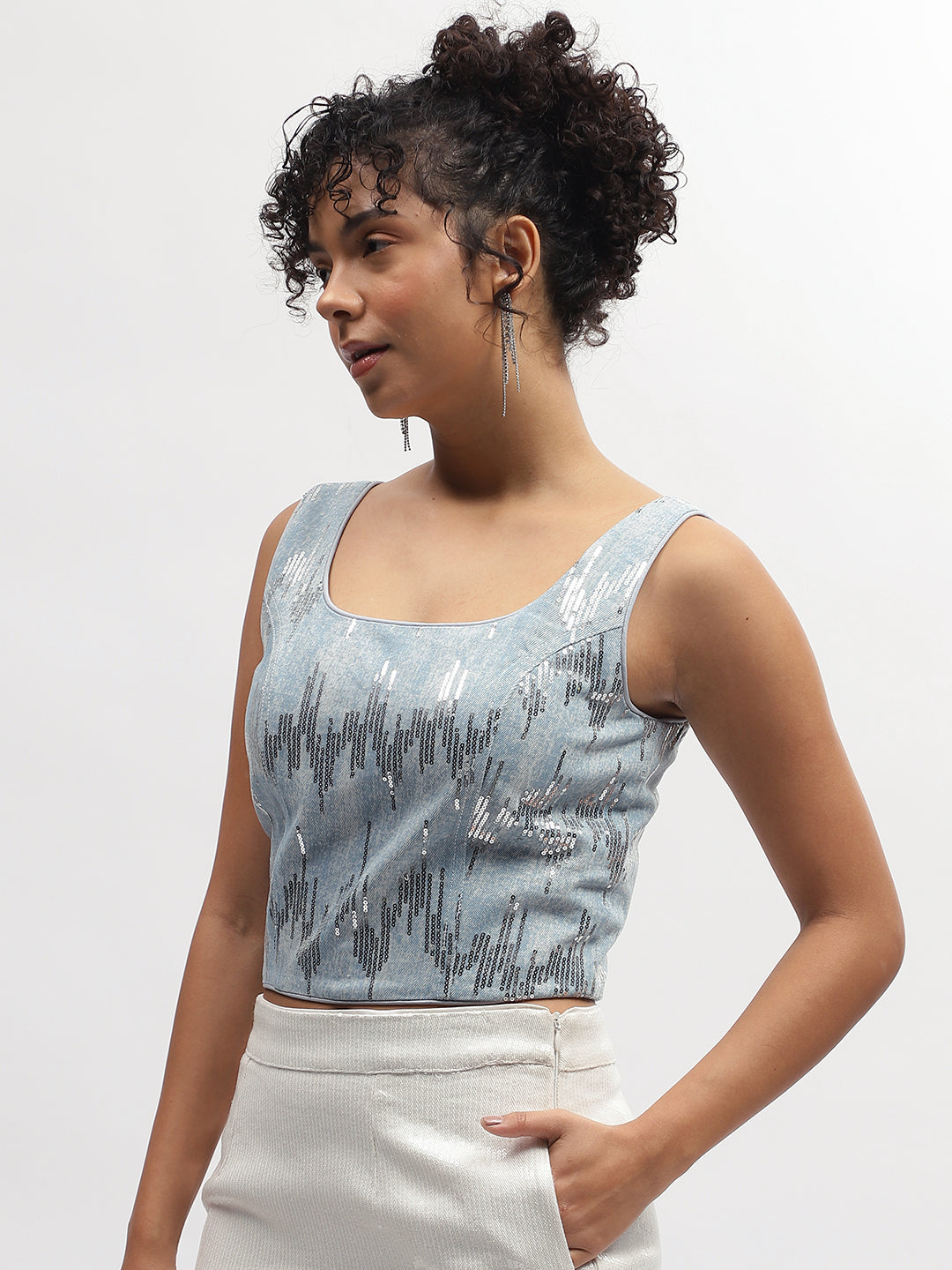 Centre Stage Women Blue Embellished Square Neck Sleeveless Top