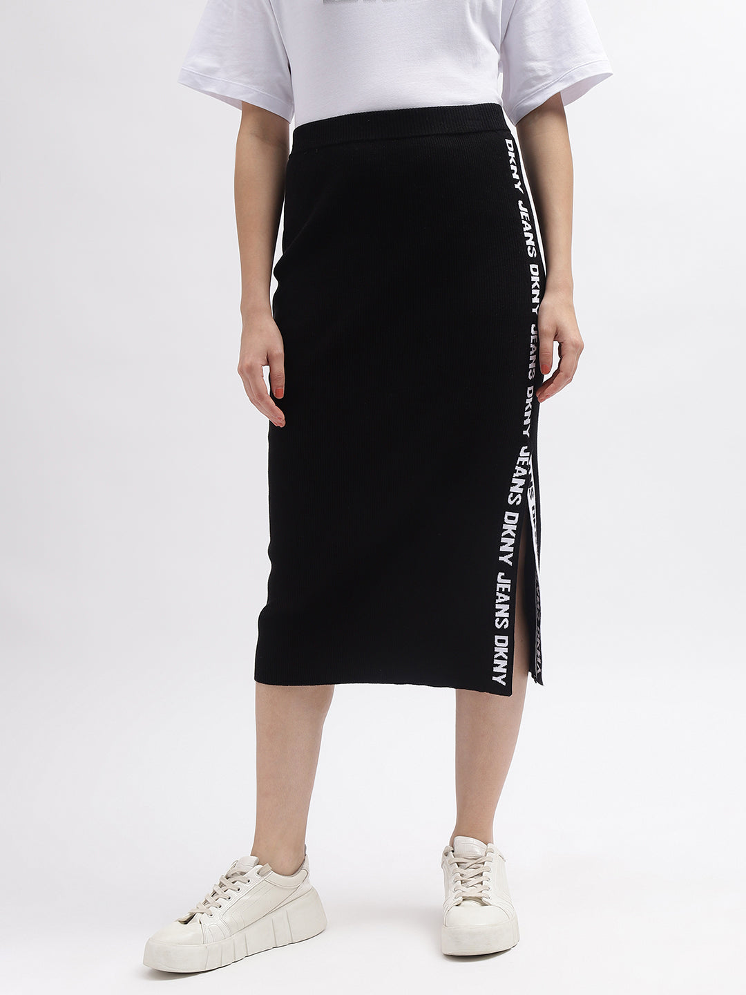 DKNY Women Black Solid Typographic Straight Skirt