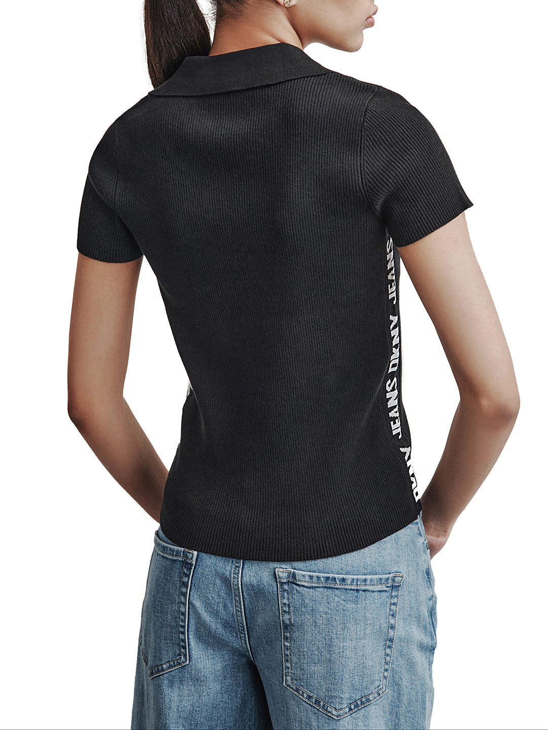 DKNY Women Black Solid Polo Collar Short Sleeves Tshirt