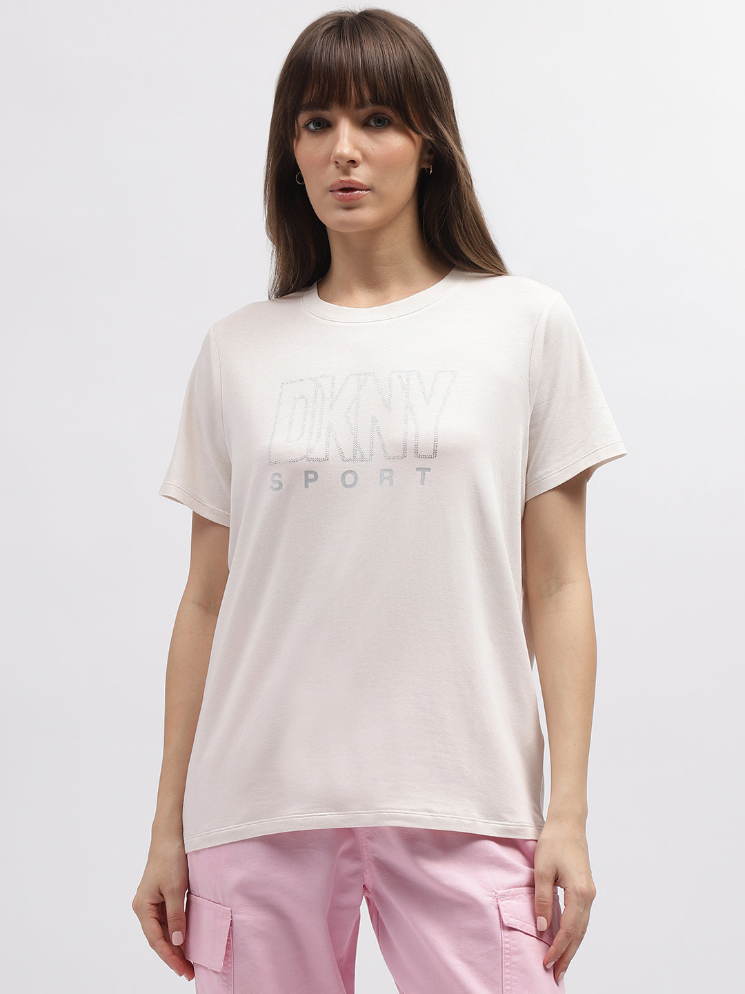Dkny Women Off White Solid Round Neck Short Sleeves Tshirt