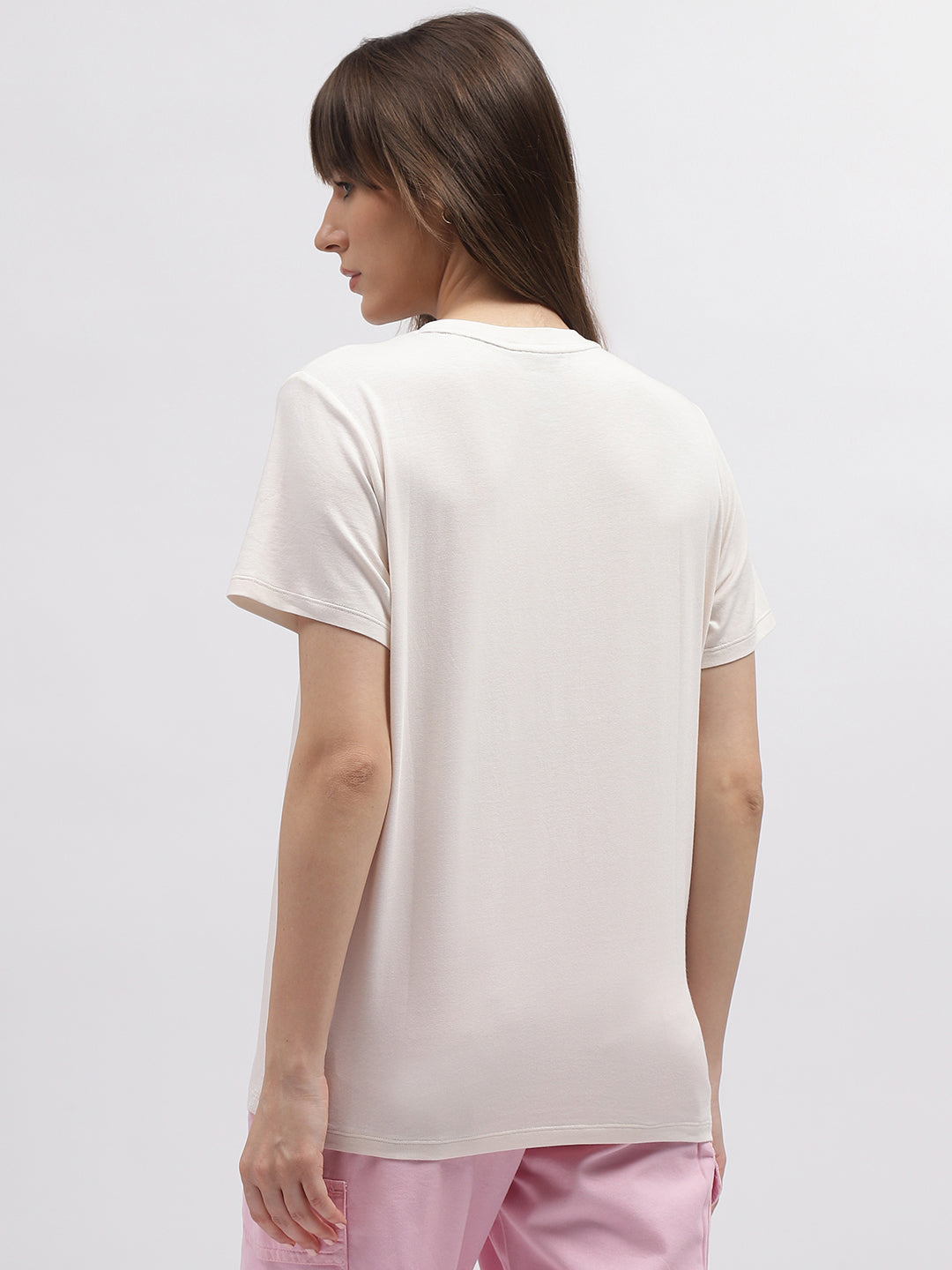 Dkny Women Off White Solid Round Neck Short Sleeves Tshirt