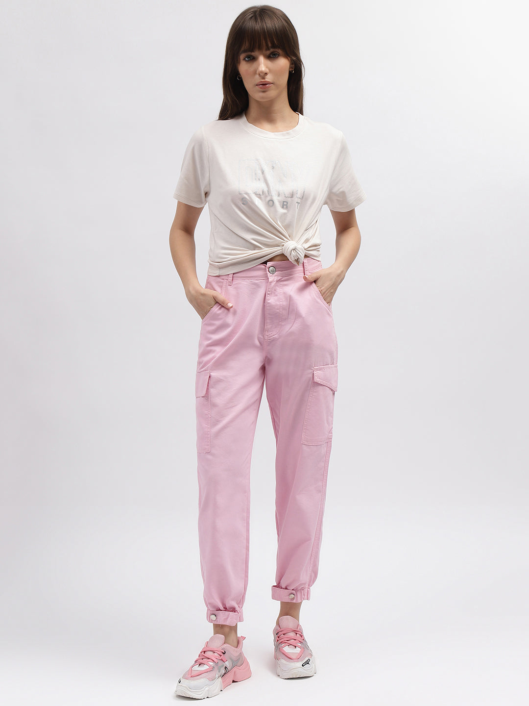 Dkny Women Off White Solid Round Neck Short Sleeves Tshirt