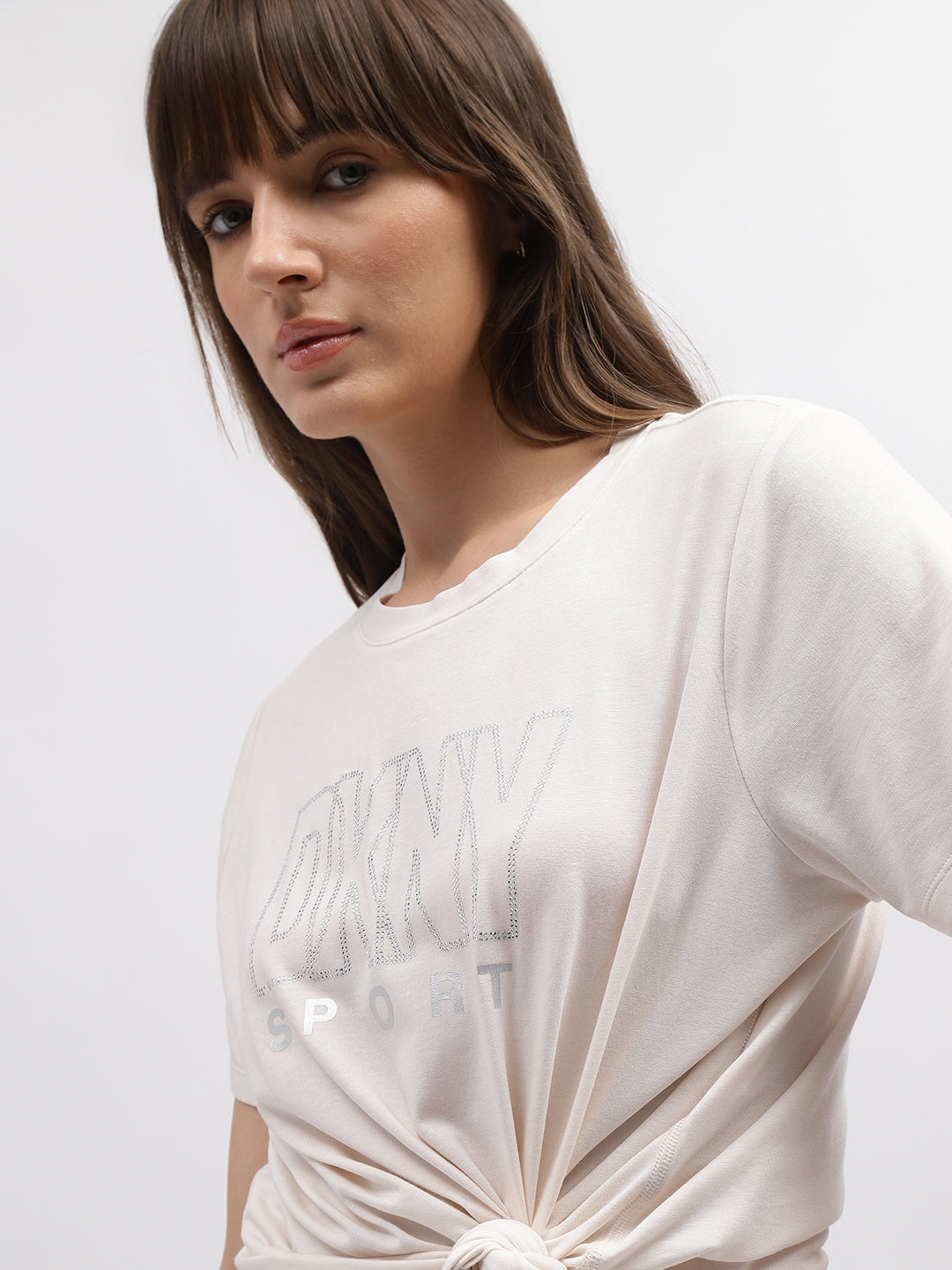 Dkny Women Off White Solid Round Neck Short Sleeves Tshirt