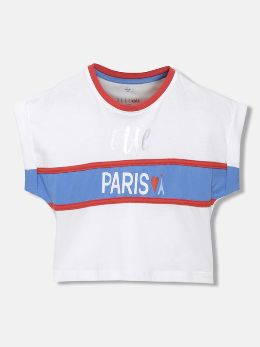Elle Girls White Colour blocked Round Neck Cap Sleeves T-shirt