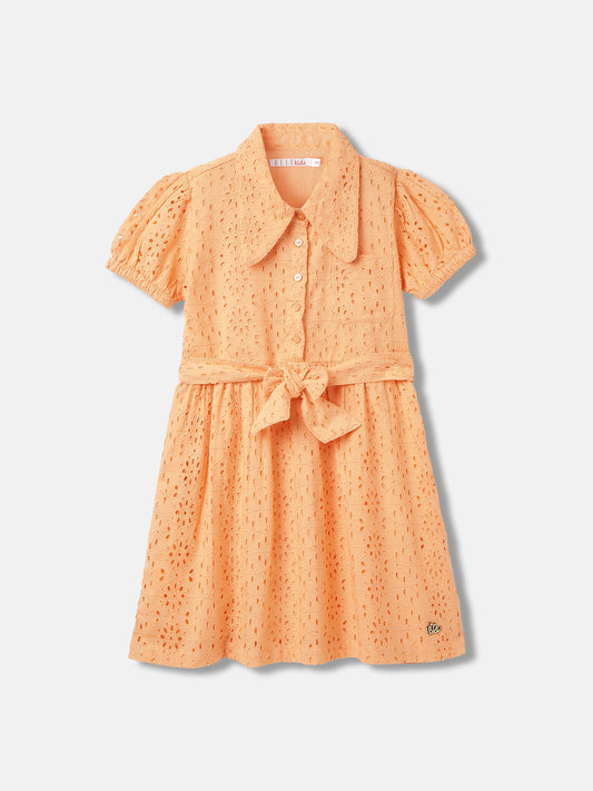Elle Girls Coral Self-Design Shirt Collar Short Sleeves Dress