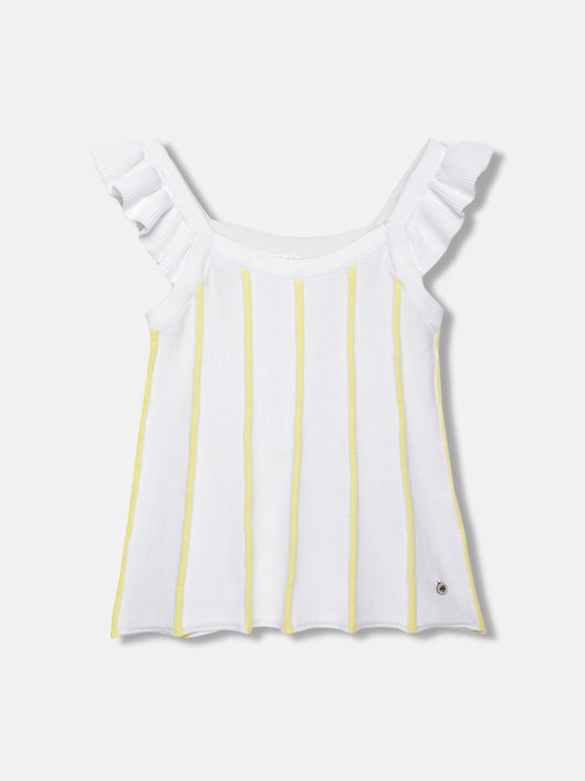 Elle Girls White Striped Scoop Neck Ruffled Sleeves T-shirt