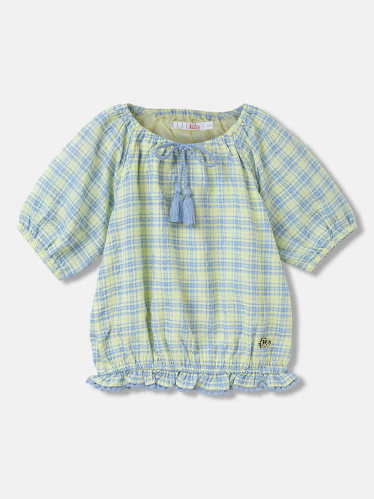 Elle Girls Yellow Checked Round Neck Short Sleeves Top