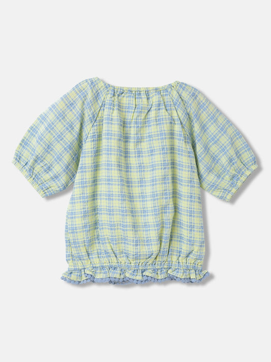 Elle Girls Yellow Checked Round Neck Short Sleeves Top