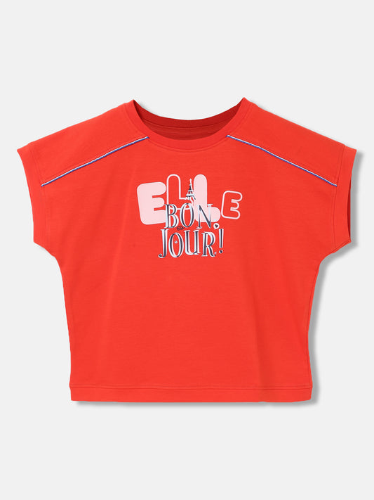 Elle Girls Red Solid Round Neck Short Sleeves T-Shirt