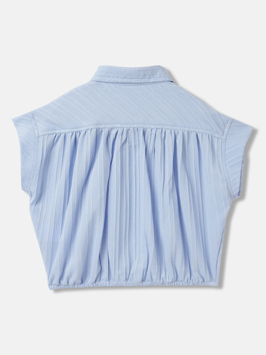 Elle Girls Blue Solid Shirt Collar Short Sleeves Top