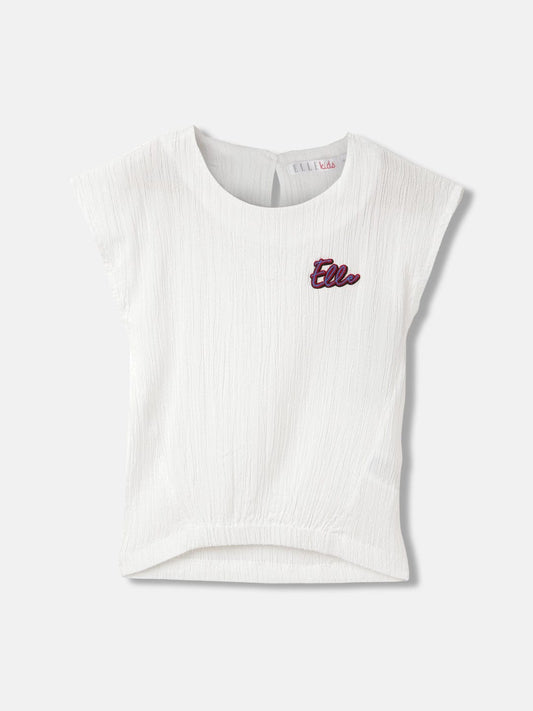 Elle Girls White Solid Round Neck Short Sleeves Top