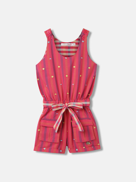 Elle Girls Pink Striped Round Neck Sleeveless Jumpsuit