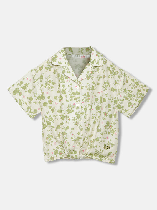 Elle Girls Beige Floral Print Resort Collar Short Sleeves Shirt
