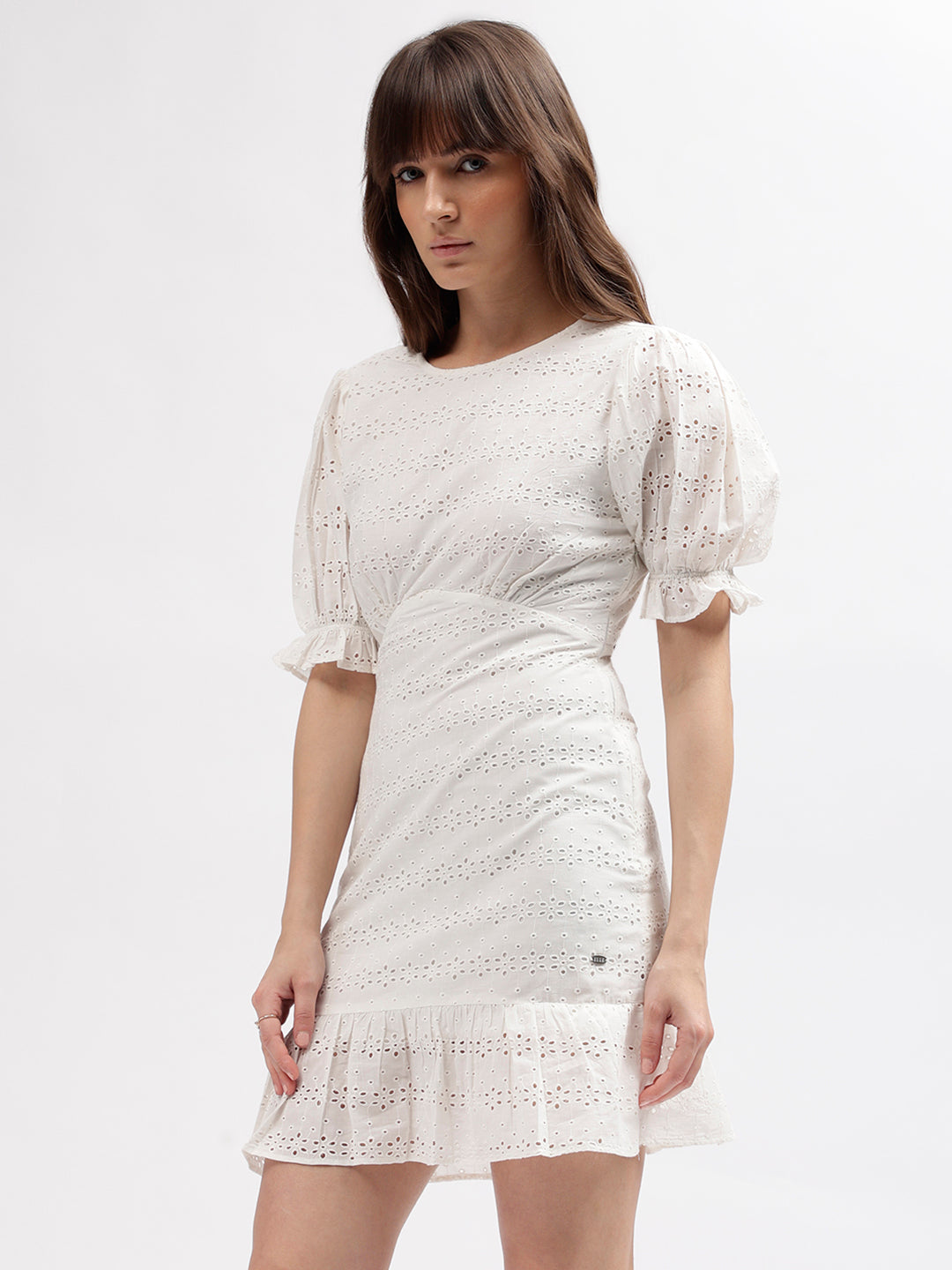 Elle Women White Embroidered Boat Neck Short Sleeves Dress