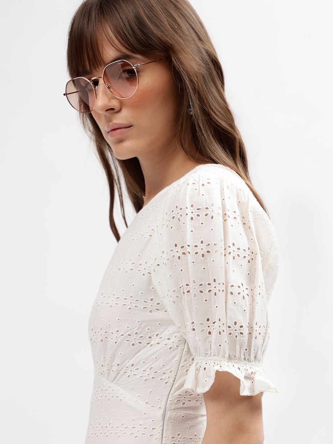 Elle Women White Embroidered Boat Neck Short Sleeves Dress