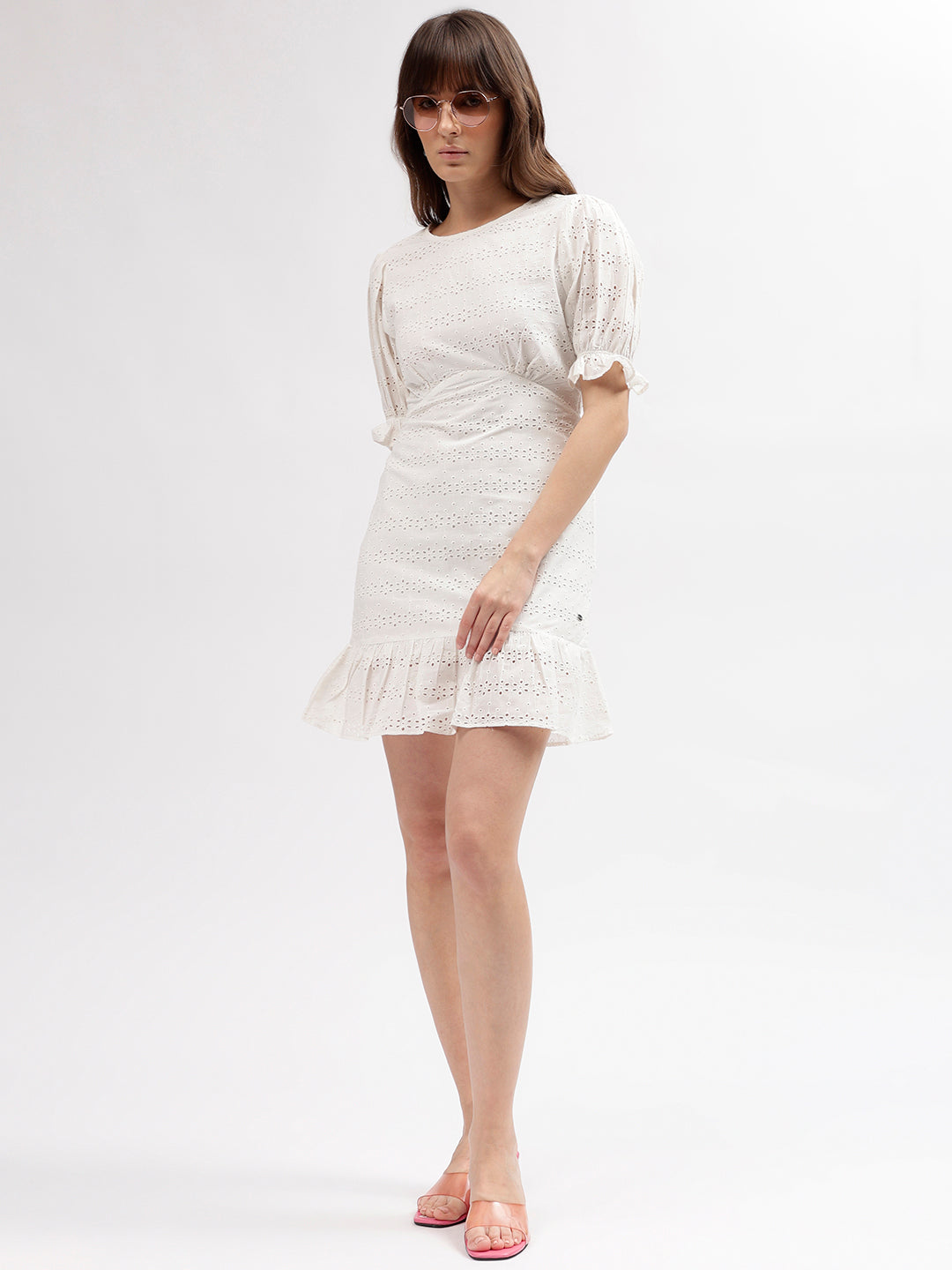Elle Women White Embroidered Boat Neck Short Sleeves Dress