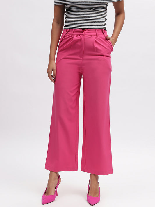 Elle Women Fuchsia Solid Straight Fit Trouser