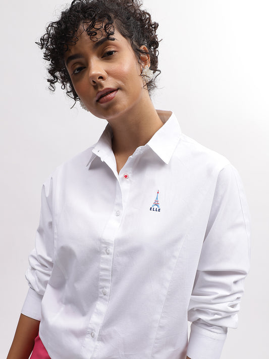 Elle Women White Solid Spread Collar Full Sleeves Shirt