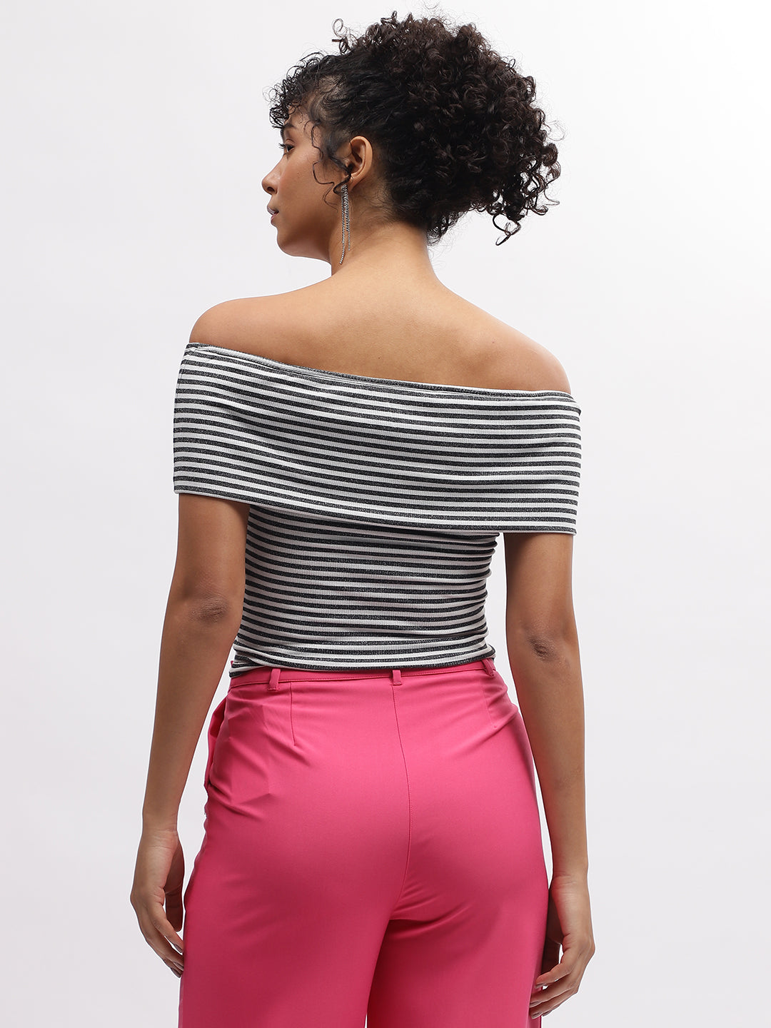 Elle Women Black Striped Off Shoulder Short Sleeves Top