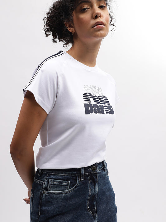 Elle Women White Solid Round Neck Short Sleeves T-Shirt