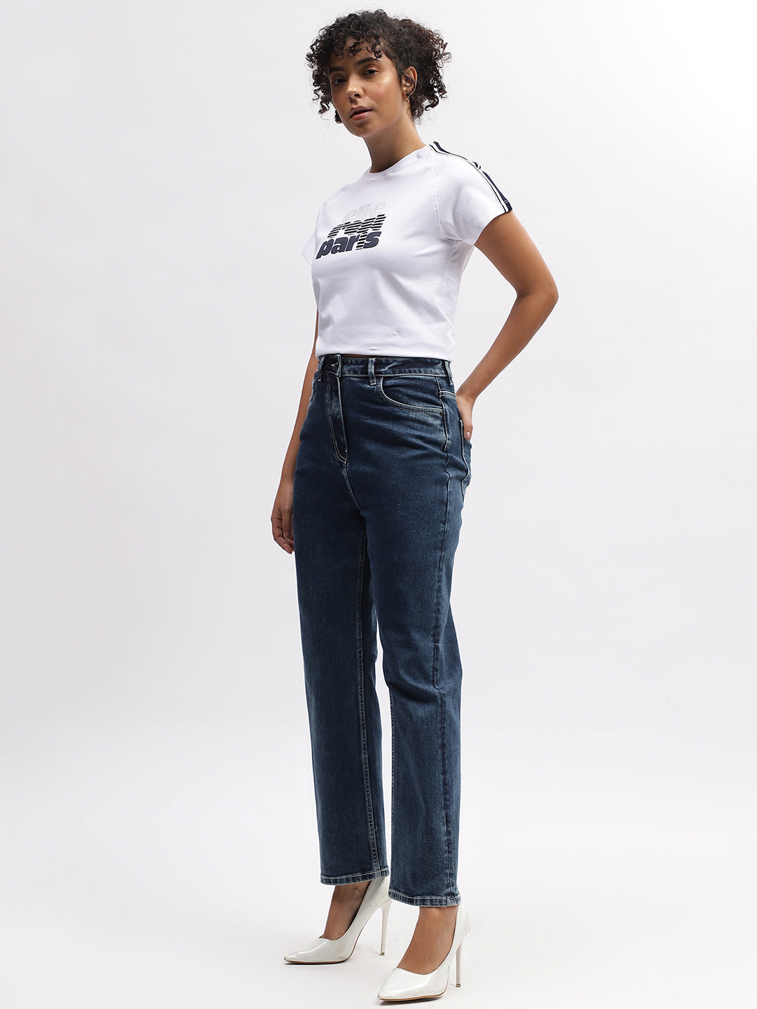 Elle Women White Solid Round Neck Short Sleeves T-Shirt