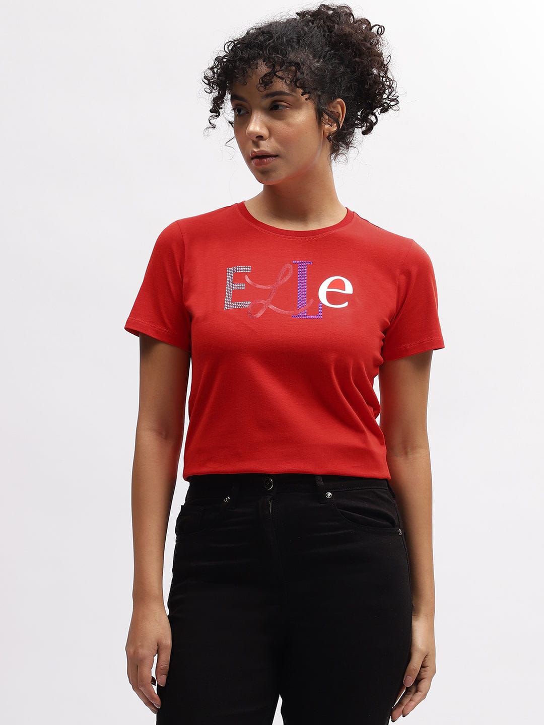 Elle Women Red Crew Neck Tshirt