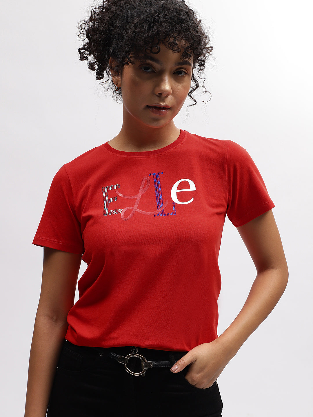 Elle Women Red Solid Round Neck Short Sleeves T-Shirt