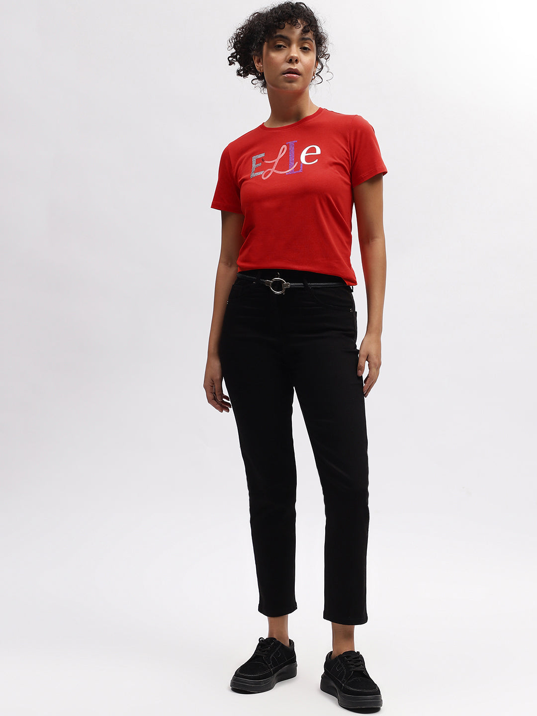 Elle Women Red Solid Round Neck Short Sleeves T-Shirt