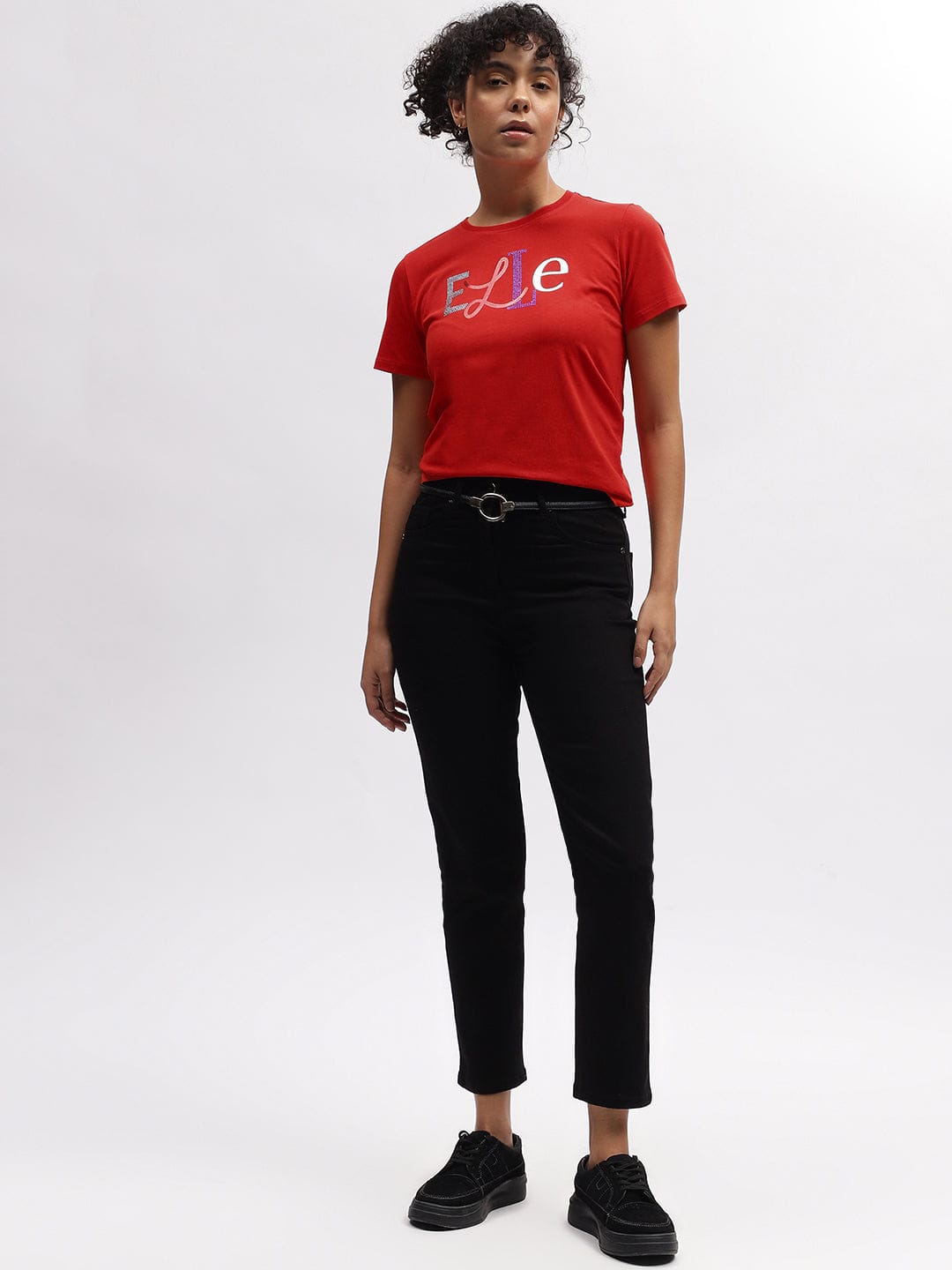 Elle Women Red Crew Neck Tshirt