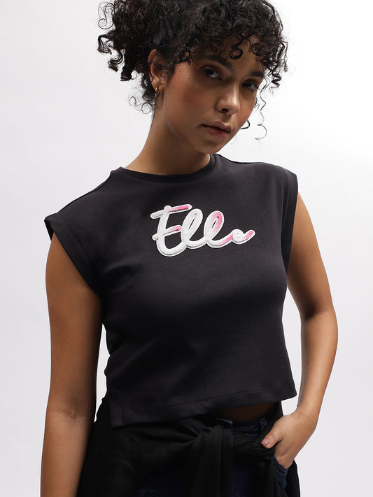Elle Women Black Solid Round Neck Sleeveless T-Shirt