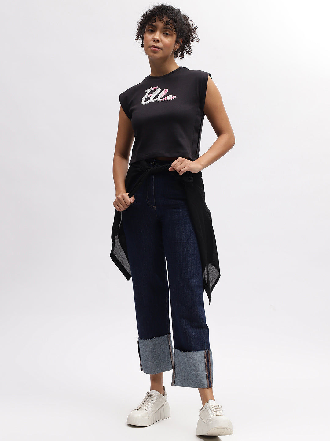 Elle Women Black Solid Round Neck Sleeveless T-Shirt