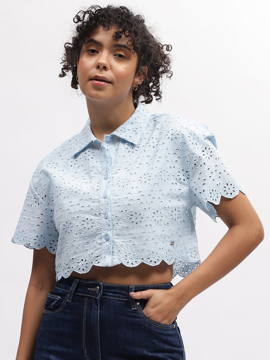 Elle Women Blue Embroidered Spread Collar Short Sleeves Top