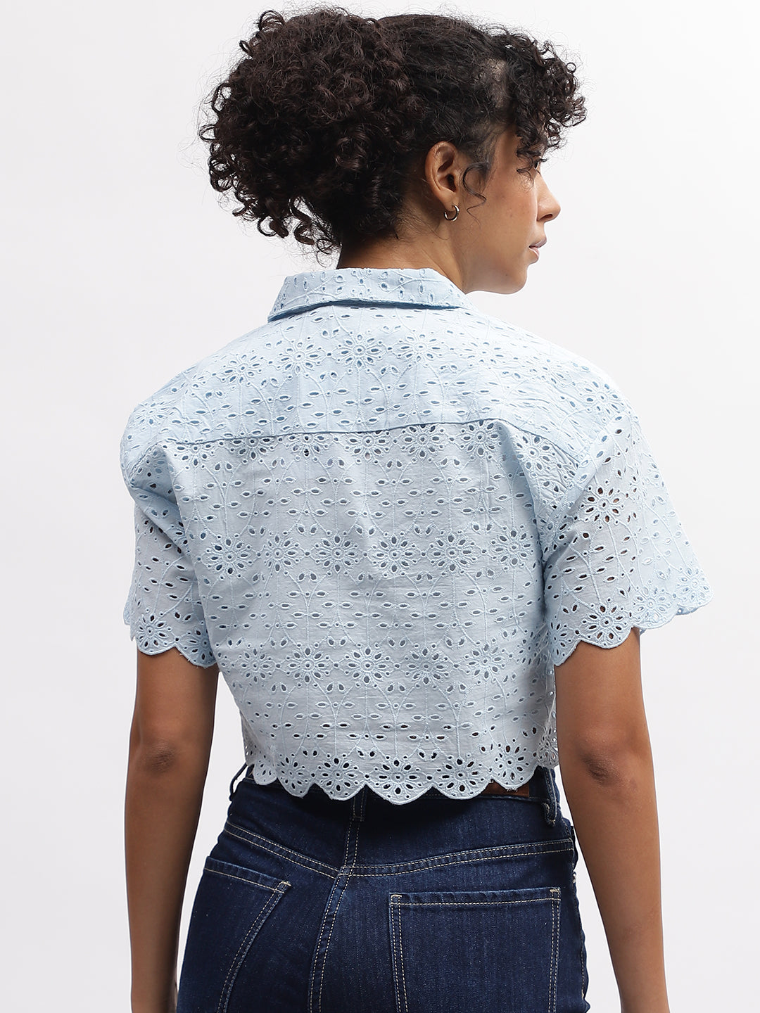 Elle Women Blue Embroidered Spread Collar Short Sleeves Top