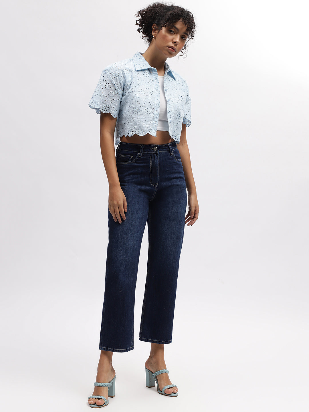 Elle Women Blue Embroidered Spread Collar Short Sleeves Top