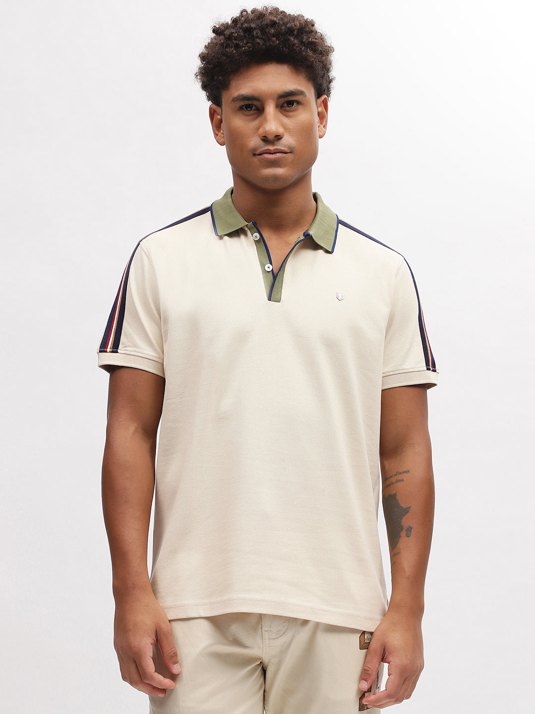Iconic Men Beige Solid Polo Collar Short Sleeves T-Shirt