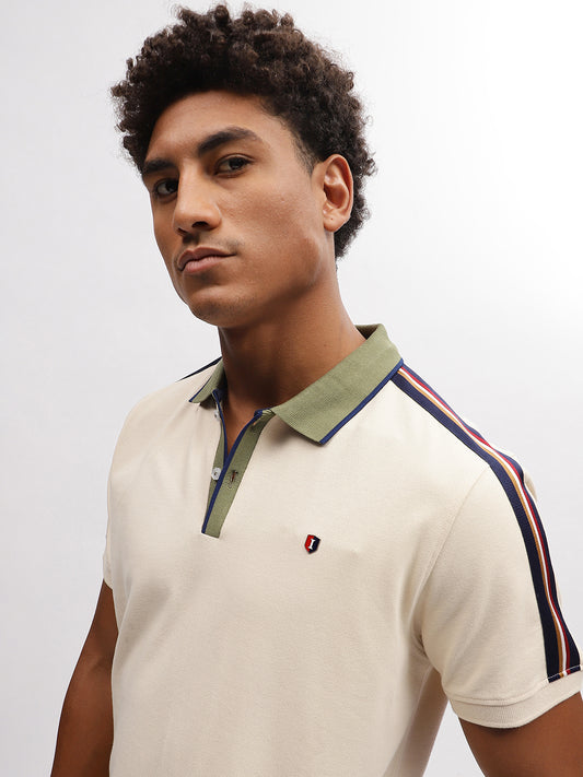 Iconic Men Beige Solid Polo Collar Short Sleeves T-Shirt