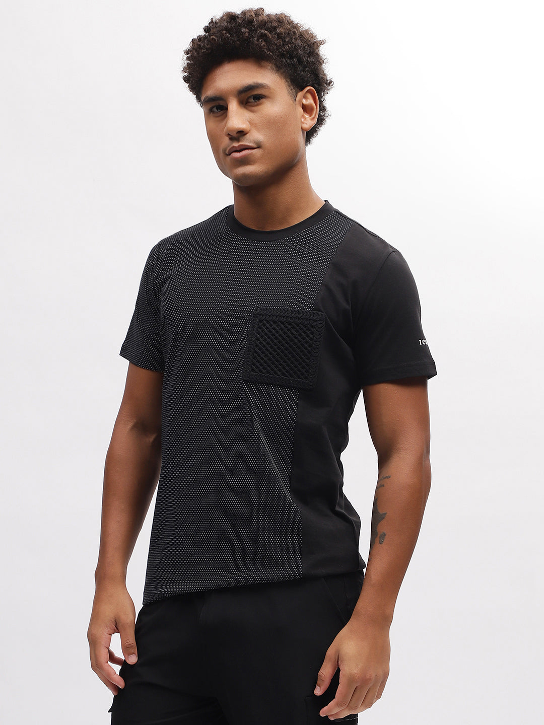 Iconic Men Black Printed Round Neck Short Sleeves T-Shirt