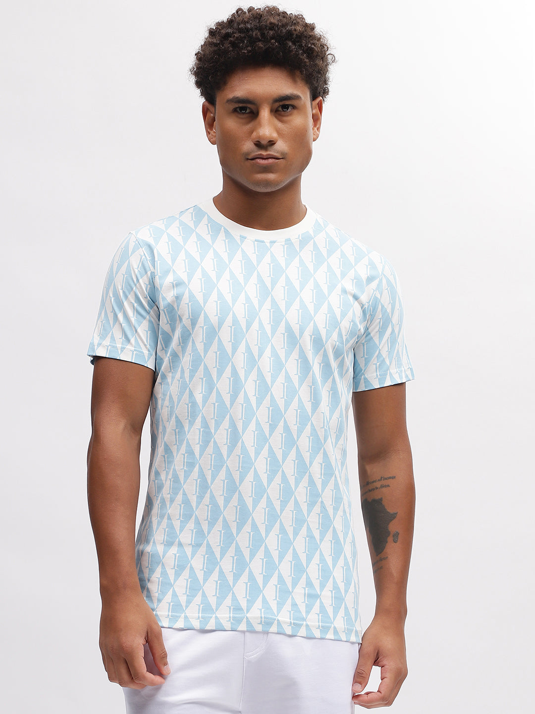 Iconic Men Blue Printed Round Neck Short Sleeves T-Shirt