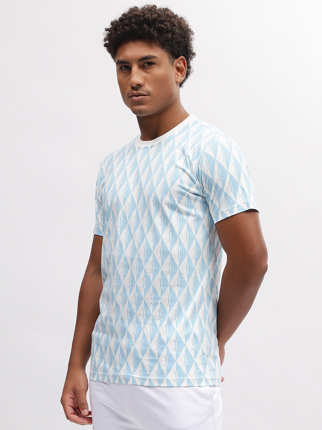 Iconic Men Blue Printed Round Neck Short Sleeves T-Shirt
