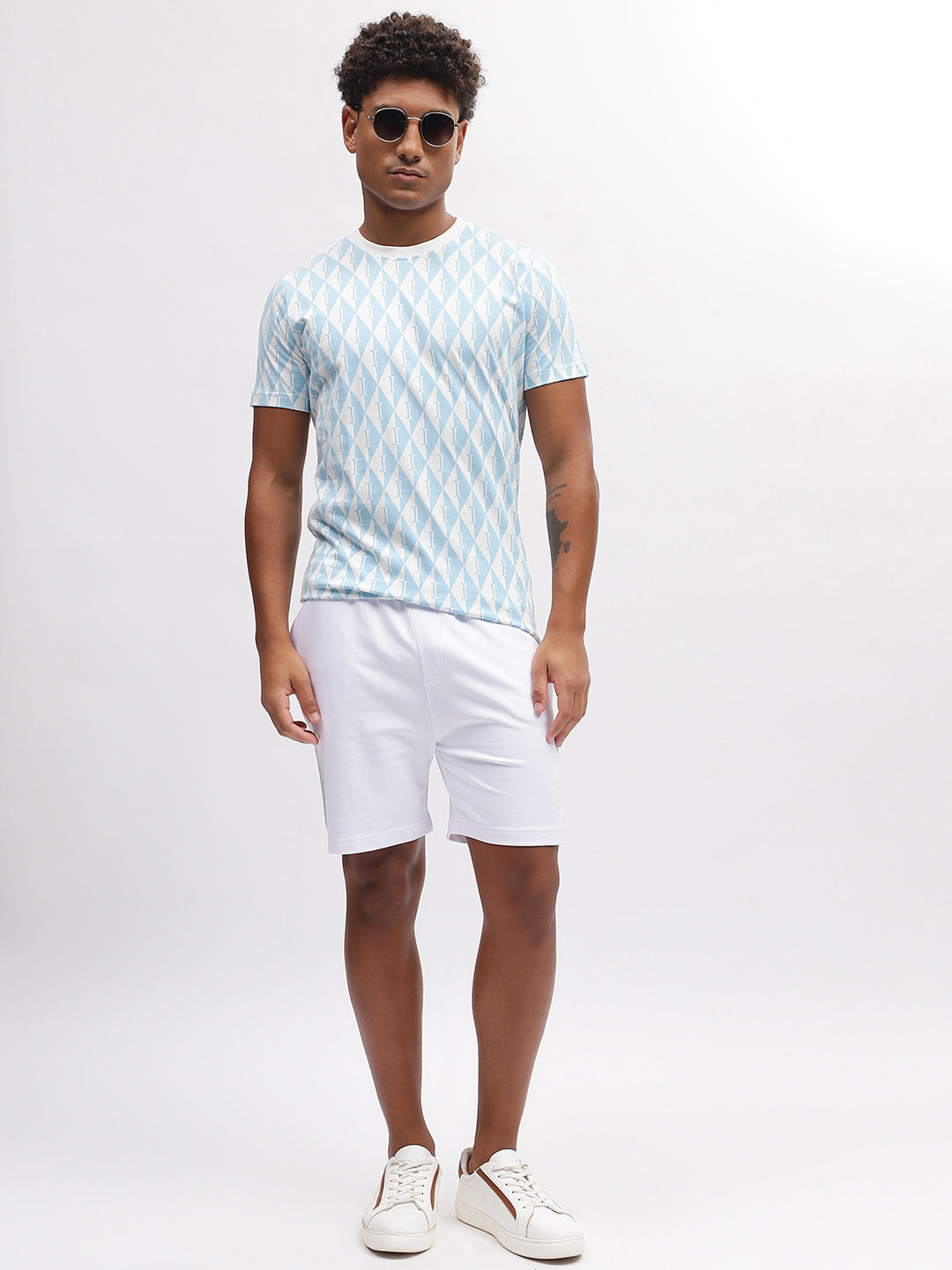 Iconic Men Blue Printed Round Neck Short Sleeves T-Shirt