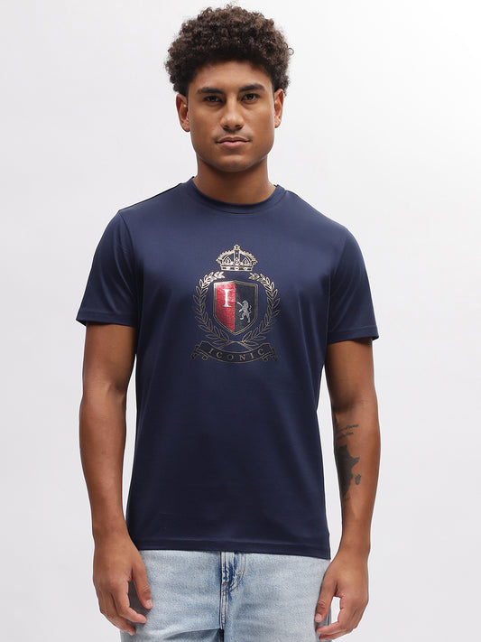 Iconic Men Navy Blue Solid Round Neck Short Sleeves T-Shirt