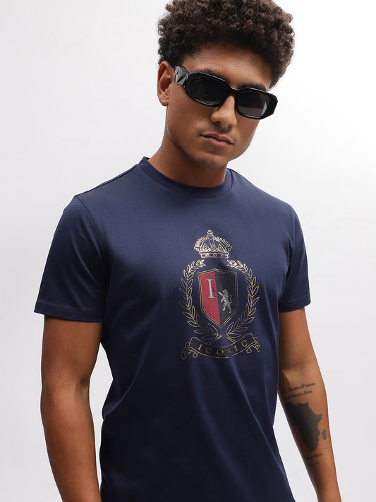 Iconic Men Navy Blue Solid Round Neck Short Sleeves T-Shirt