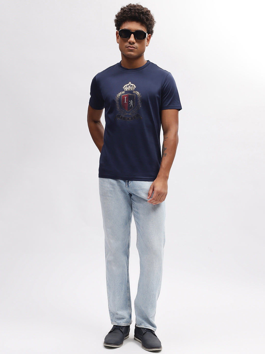 Iconic Men Navy Blue Solid Round Neck Short Sleeves T-Shirt
