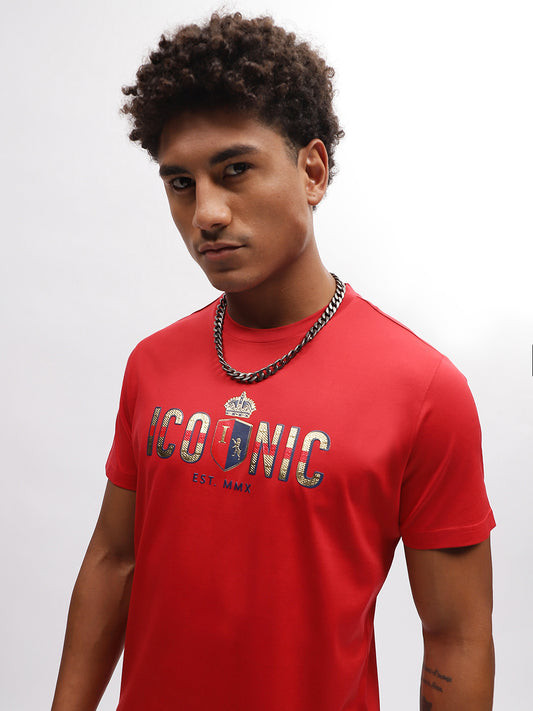Iconic Men Red Solid Round Neck Short Sleeves T-Shirt