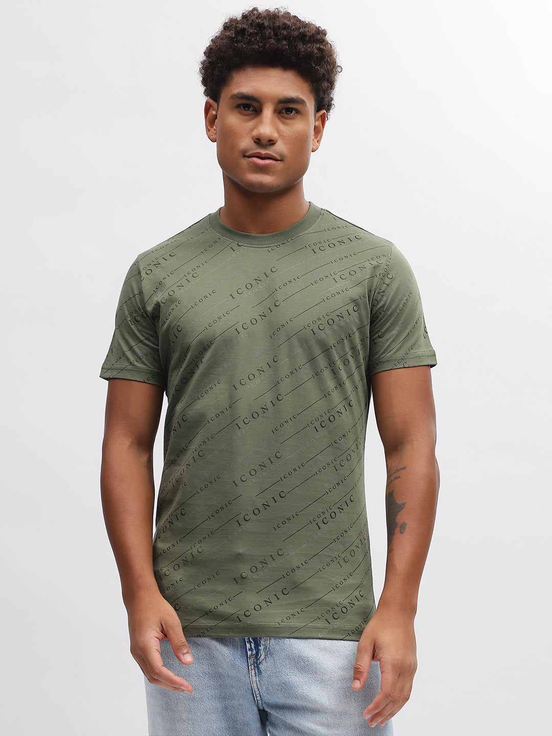 Iconic Men Olive Printed Round Neck Short Sleeves T-Shirt