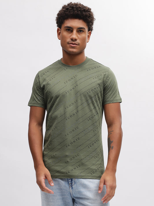 Iconic Men Olive Printed Round Neck Short Sleeves T-Shirt